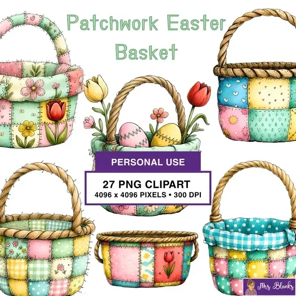 Patchwork Easter Basket Clipart PNG - Personal Use License