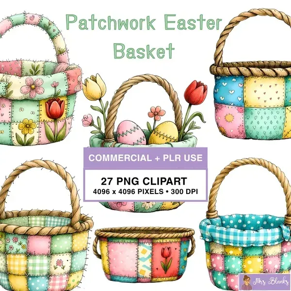 Patchwork Easter Basket Clipart PNG - Commercial + PLR Use License