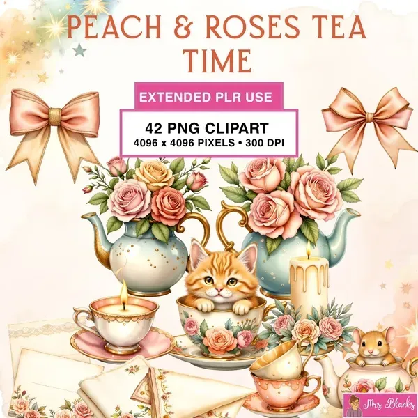 Peach Roses Tea Clipart PNG - Extended License