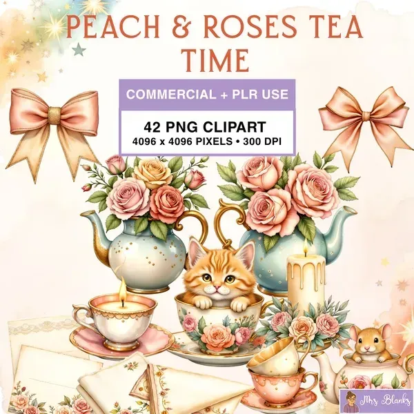 Peach Roses Tea Clipart PNG - Commercial + PLR Use License