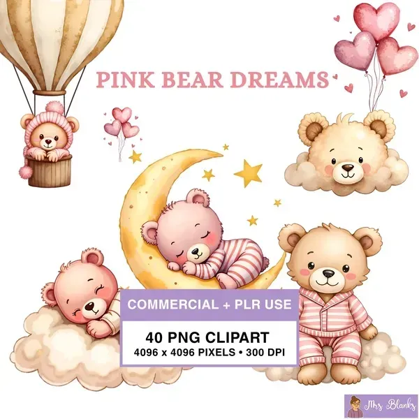 Sleepy Pink Bear Clipart PNG - Commercial + PLR Use License