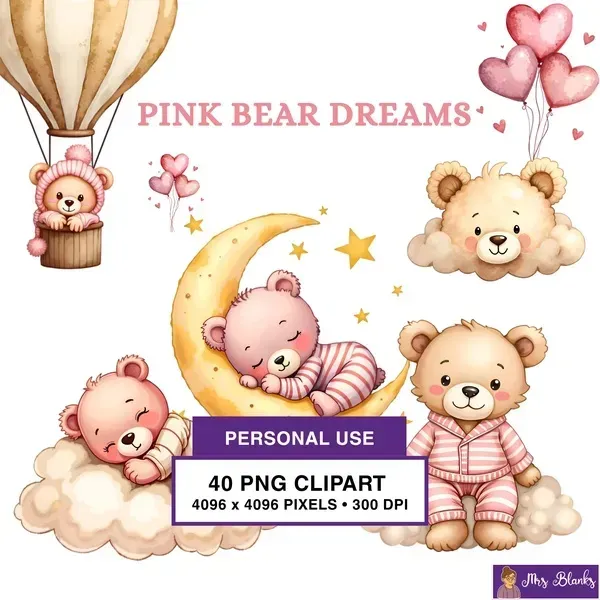Sleepy Pink Bear Clipart PNG - Personal Use License