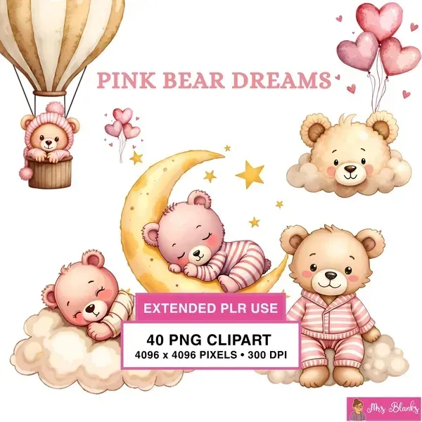 Sleepy Pink Bear Clipart PNG - Extended License