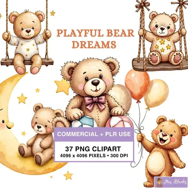Playful Teddy Bear Clipart PNG - Commercial + PLR Use License
