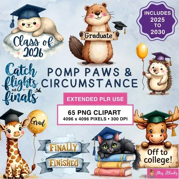 Graduation Animals Clipart PNG - Extended License