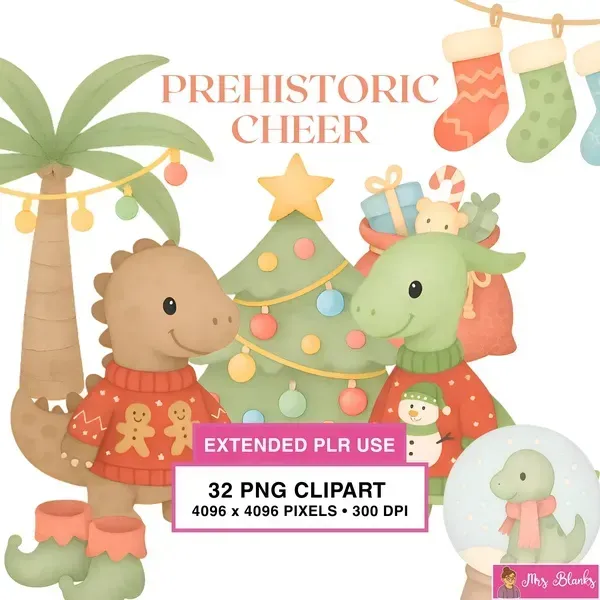 Christmas Dinosaur Clipart PNG - Extended License
