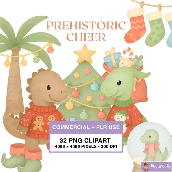 Christmas Dinosaur Clipart PNG - Commercial + PLR Use License