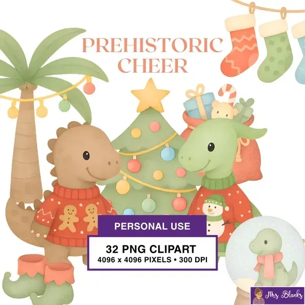 Christmas Dinosaur Clipart PNG - Personal Use License