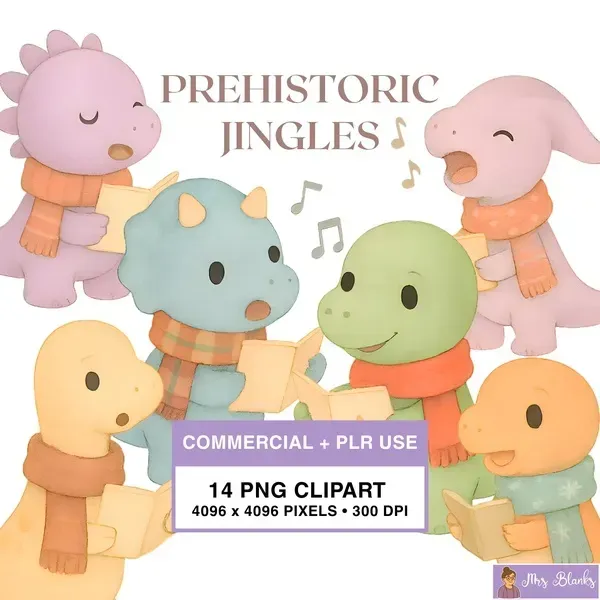 Christmas Dinosaur Caroling Clipart PNG - Commercial + PLR Use License