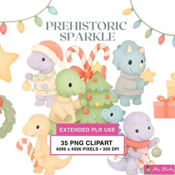 Christmas Dinosaur Sparkle Clipart PNG - Extended License