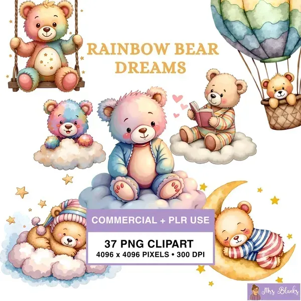 Rainbow Teddy Bear Clipart PNG - Commercial + PLR Use License
