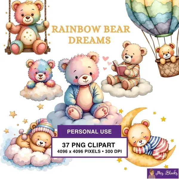 Rainbow Teddy Bear Clipart PNG - Personal Use License