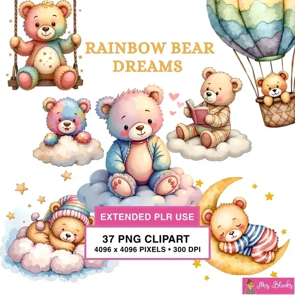 Rainbow Teddy Bear Clipart PNG - Extended License