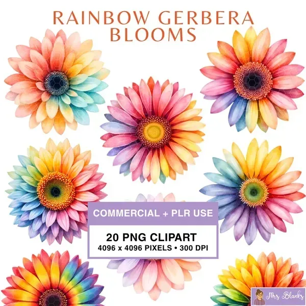 Rainbow Gerbera Flower Clipart PNG - Commercial + PLR Use License