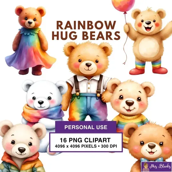 Rainbow Bear Characters Clipart PNG - Personal Use License