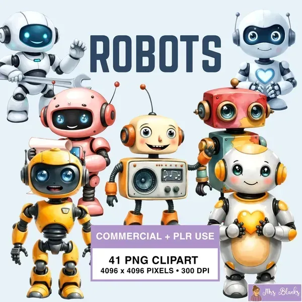 Cute Robot Characters Clipart PNG - Commercial + PLR Use License