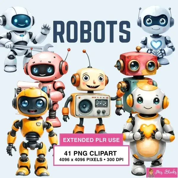Cute Robot Characters Clipart PNG - Extended License
