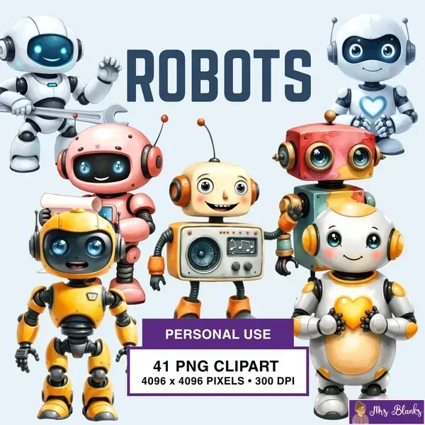 Cute Robot Characters Clipart PNG - Personal Use License