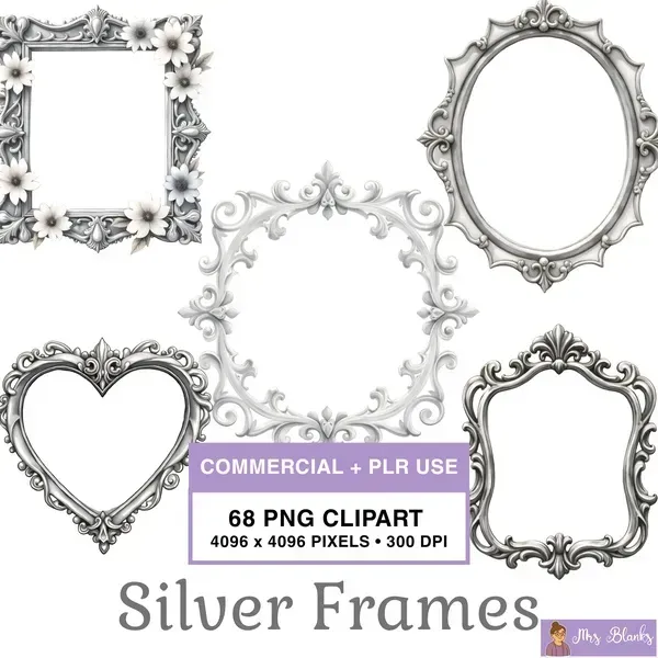 Ornate Silver Frames Clipart PNG - Commercial + PLR Use License