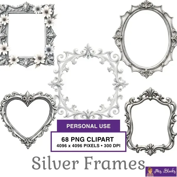 Ornate Silver Frames Clipart PNG - Personal Use License