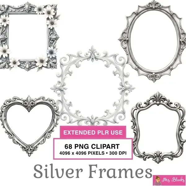 Ornate Silver Frames Clipart PNG - Extended License
