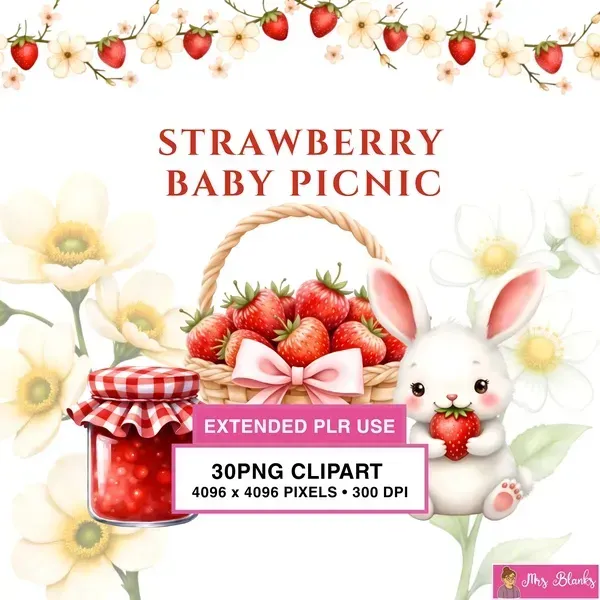 Strawberry Bunny Picnic Clipart PNG - Extended License