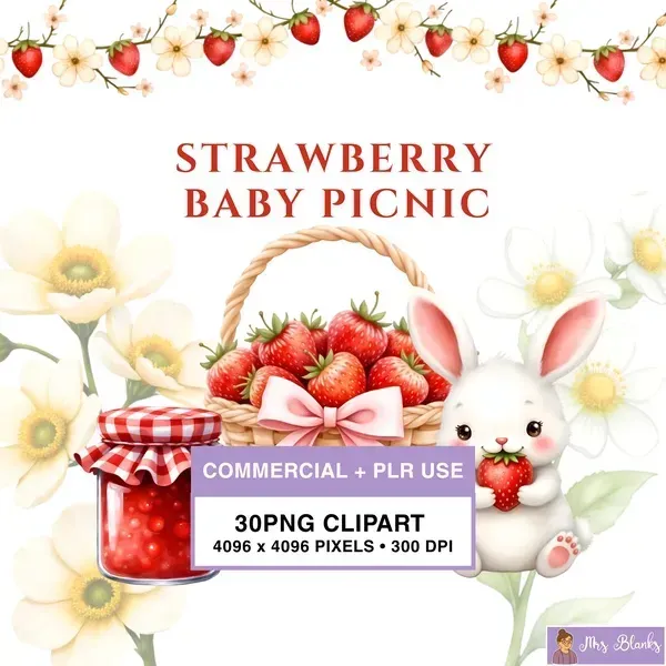 Strawberry Bunny Picnic Clipart PNG - Commercial + PLR Use License