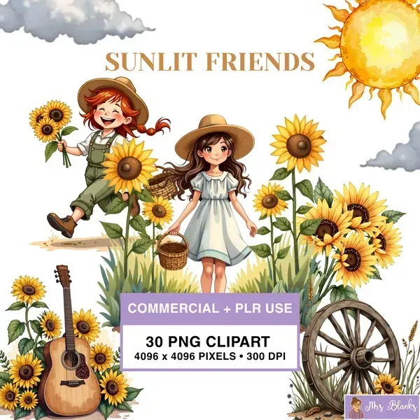 Sunflower Kids Summer Clipart PNG - Commercial + PLR Use License