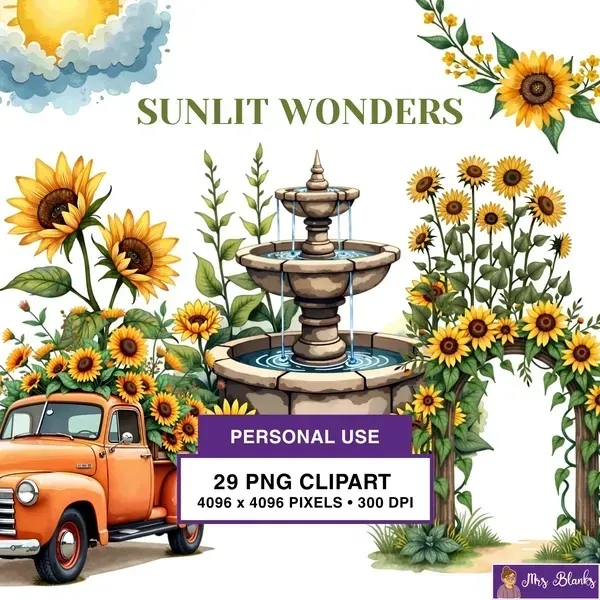 Sunflower Garden Vintage Clipart PNG - Personal Use License