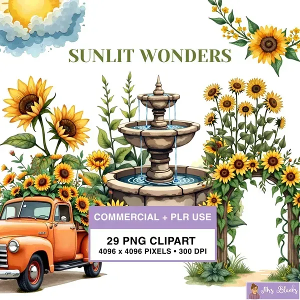 Sunflower Garden Vintage Clipart PNG - Commercial + PLR Use License
