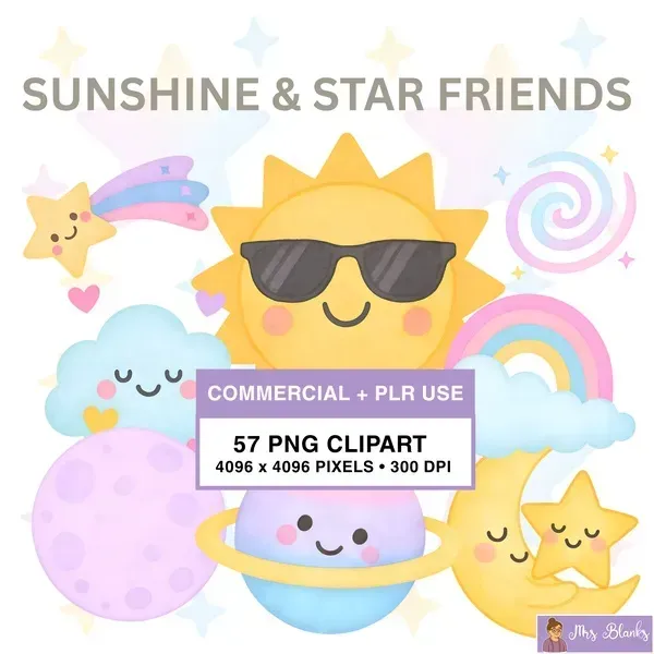 Cute Sun Moon Stars Clipart PNG - Commercial + PLR Use License