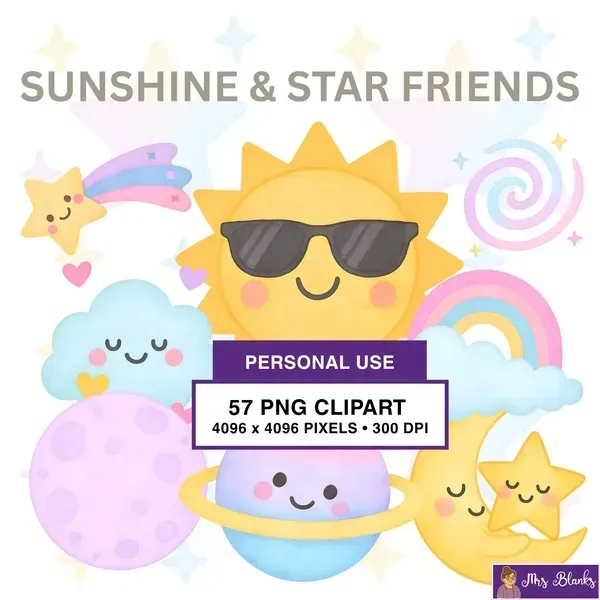 Cute Sun Moon Stars Clipart PNG - Personal Use License
