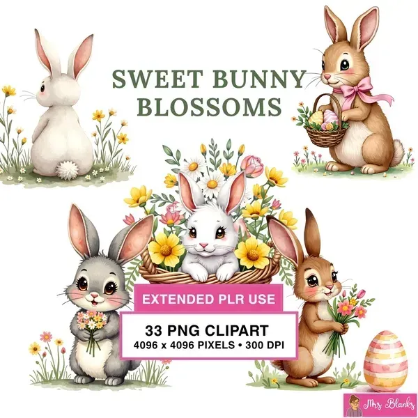 Cute Bunny Spring Flowers Clipart PNG - Extended License