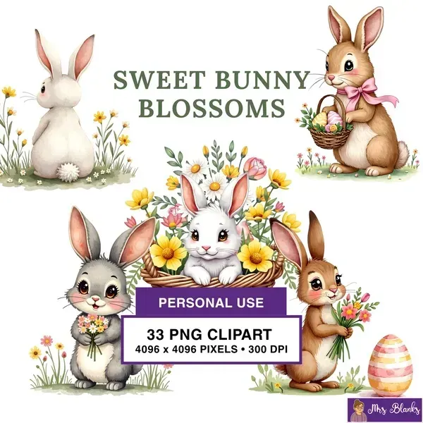 Cute Bunny Spring Flowers Clipart PNG - Personal Use License
