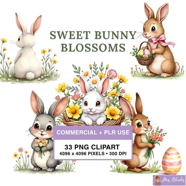Cute Bunny Spring Flowers Clipart PNG - Commercial + PLR Use License