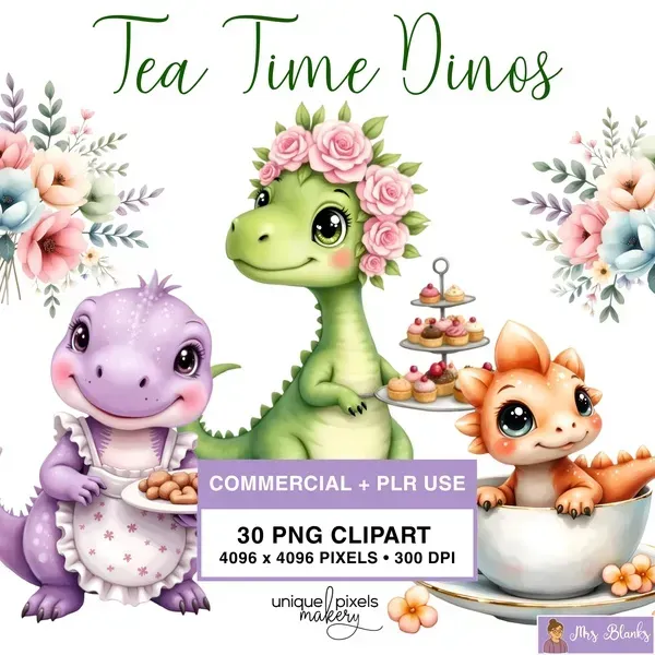 Cute Dinosaur Tea Party Clipart PNG - Commercial + PLR Use License