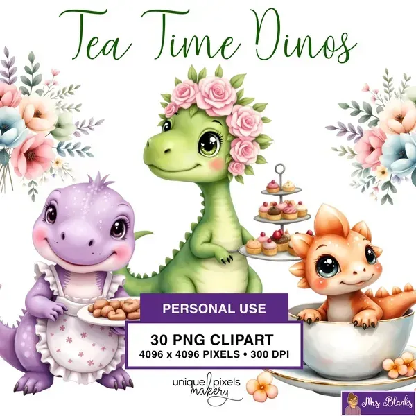 Cute Dinosaur Tea Party Clipart PNG - Personal Use License