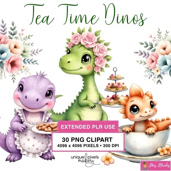 Cute Dinosaur Tea Party Clipart PNG - Extended License