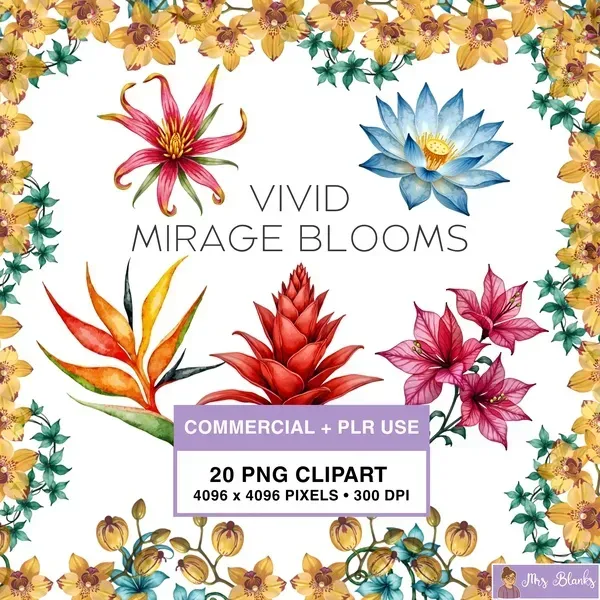 Colorful Tropical Floral Clipart PNG - Commercial + PLR Use License