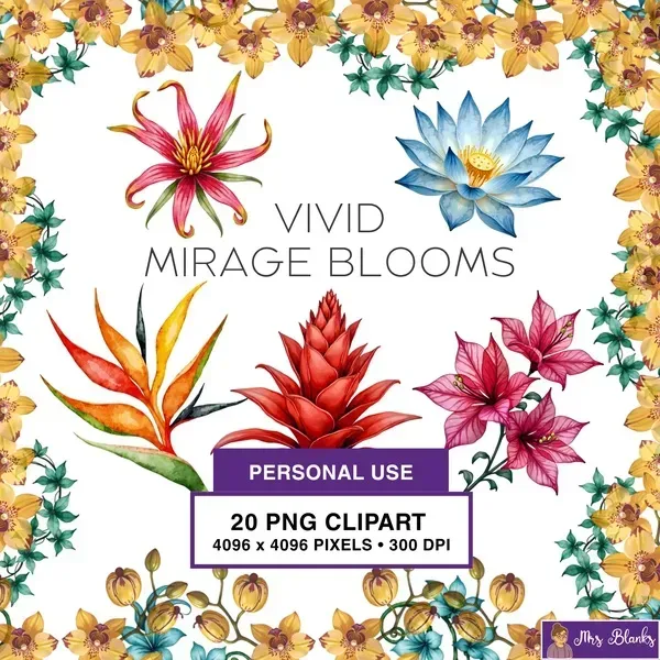 Colorful Tropical Floral Clipart PNG - Personal Use License