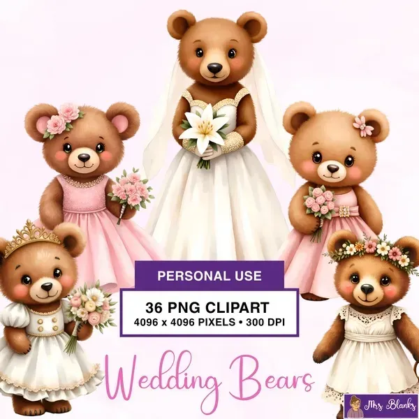 Cute Wedding Bear Clipart PNG - Personal Use License