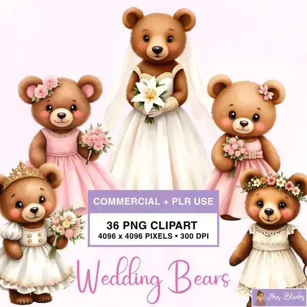 Cute Wedding Bear Clipart PNG - Commercial + PLR Use License