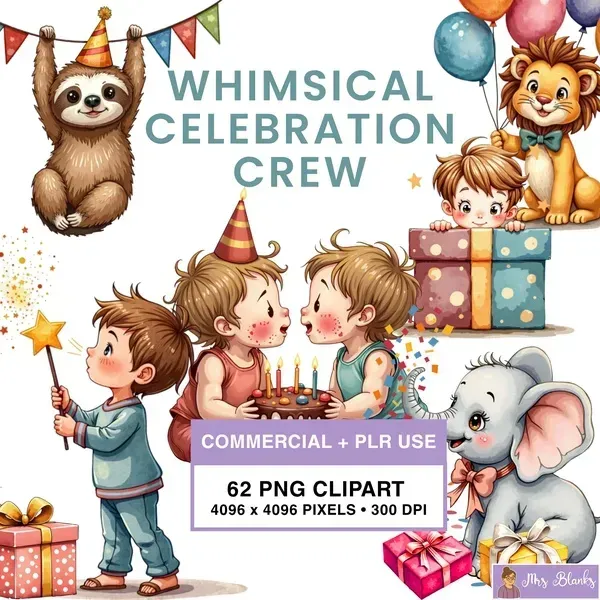 Celebration Kids and Animals Clipart PNG - Commercial + PLR Use License