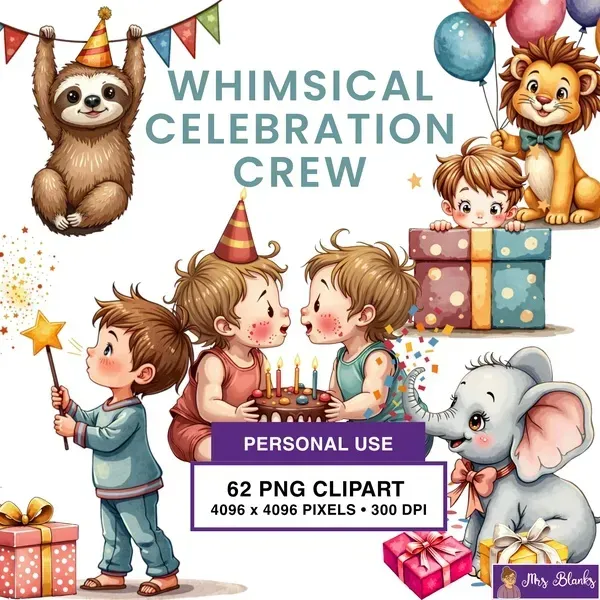 Celebration Kids and Animals Clipart PNG - Personal Use License