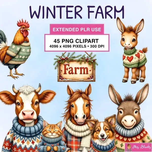 Winter Farm Animals Clipart PNG - Extended License