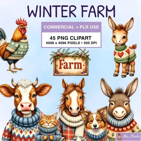 Winter Farm Animals Clipart PNG - Commercial + PLR Use License