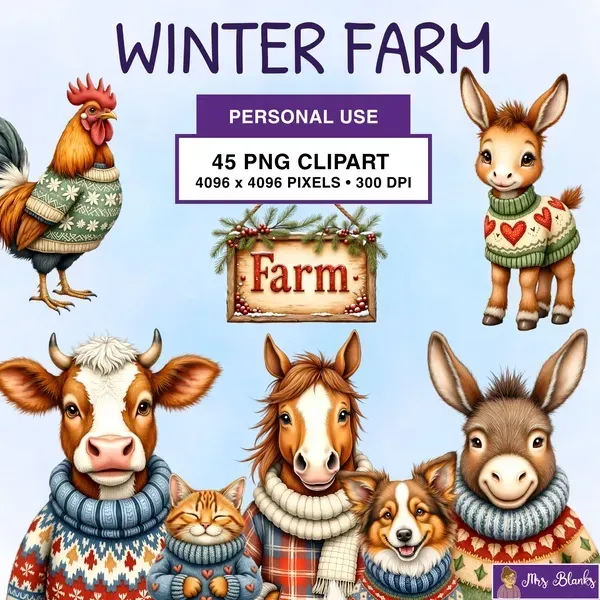 Winter Farm Animals Clipart PNG - Personal Use License