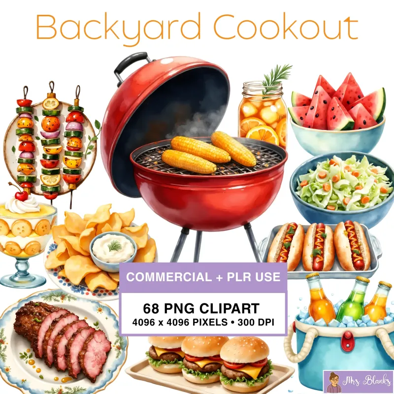 Backyard cookout BBQ Summer Picnic Clipart PNG - Commercial + PLR Use License