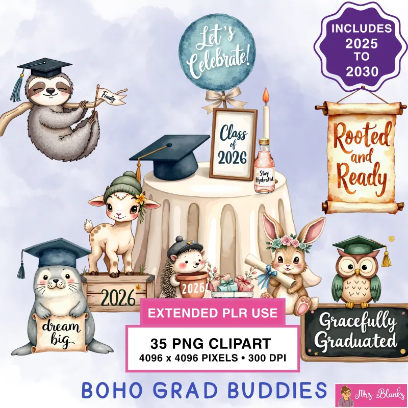 Boho Graduation Animals Clipart PNG - Extended License