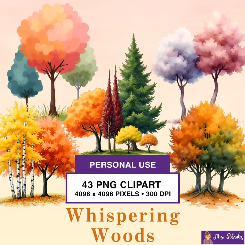 Colorful Woodland Tree Watercolor Clipart PNG - Personal Use License - Whispering Woods